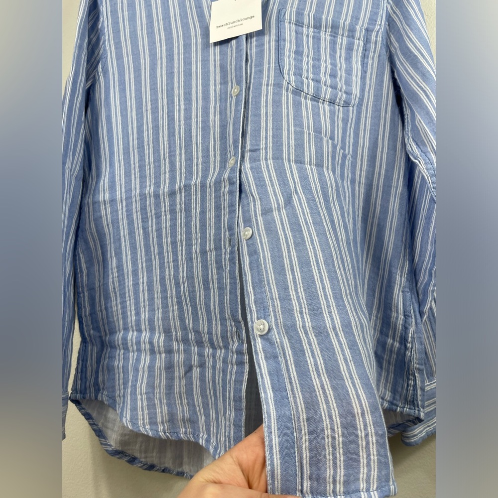 Beach Lunch Lounge Boyfriend Fit Gauze Muslin Blue White Stripes Button UpShirt - Picture 6 of 10